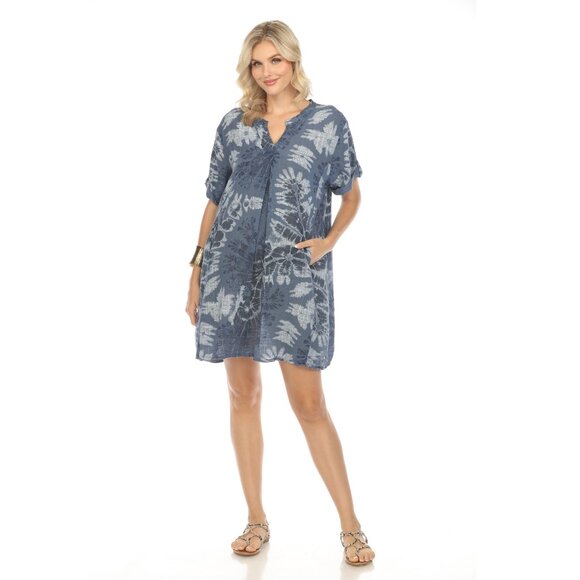 Navy Painted Print Button Up Sleeves Pockets Dress - Picture 1 of 5
